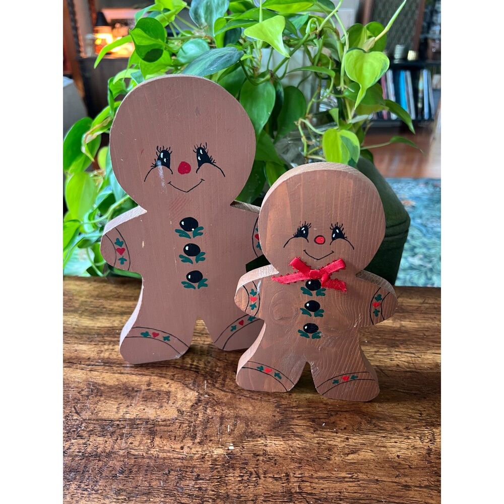 Vintage Handmade Wooden Gingerbread People Figures | Set of 2 Christmas Decor